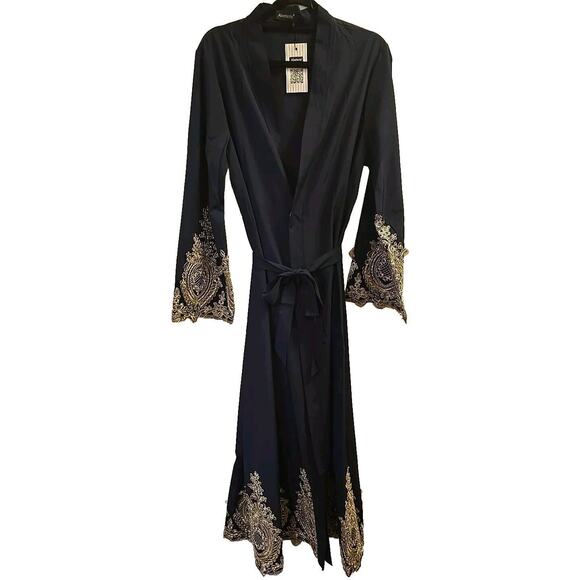 Abaya Gold Lace Embroidery Navy Blue Open Dress With Sash By Abetteric - Picture 1 of 5